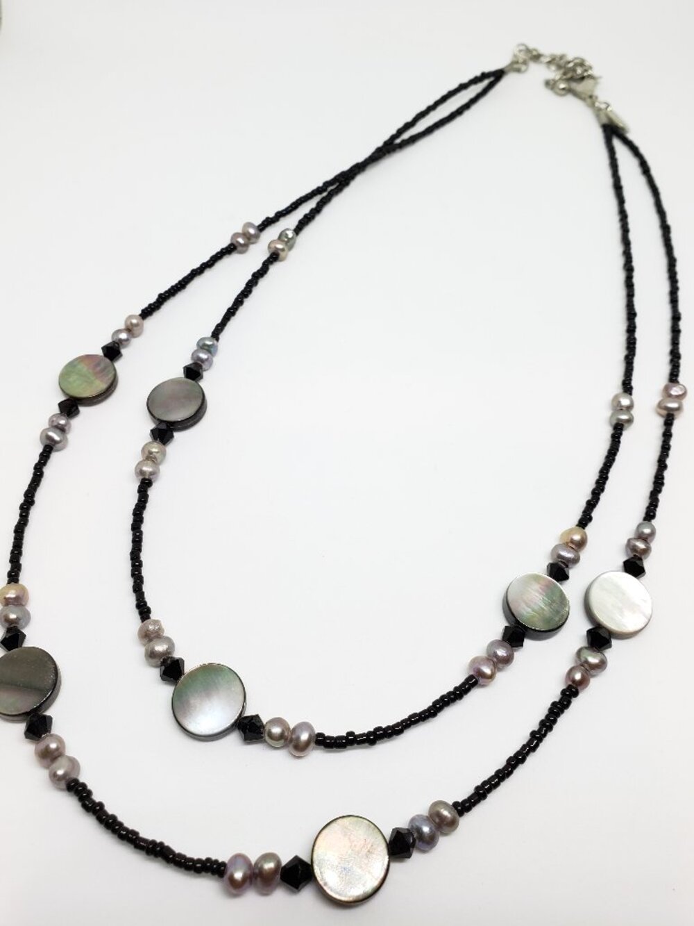 "DAYBREAK" Genuine Freshwater Pearls, Abalone Shell Black Bead Double Necklace